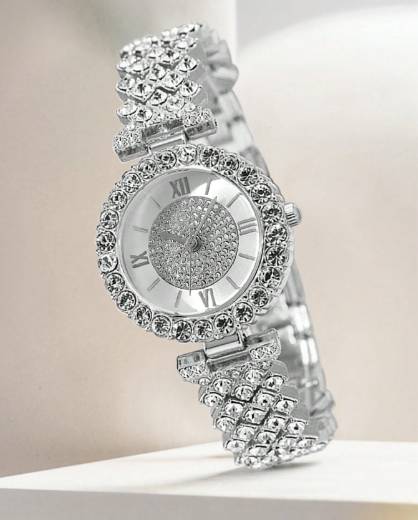 💎 مجموعة 6 قطع فاخرة: ساعة رومانية أنيقة + إكسسوارات فضية (سوار، قلادة، أقراط) - هدية لا تُقاوم لك