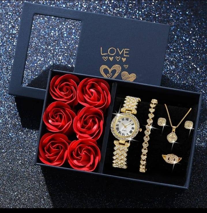 💎🌟طقم ذهبي ملكي 6 قطع داخل علبة سحرية 🌹 هدية تخطف الأنظار بتغليف فني!