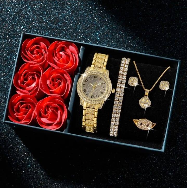 💎🌟طقم ذهبي ملكي 6 قطع داخل علبة سحرية 🌹 هدية تخطف الأنظار بتغليف فني!
